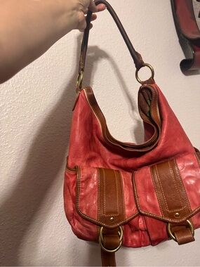 Marc Jacobs Red/Coral Signature embossed leather Hobo with Brown Trim